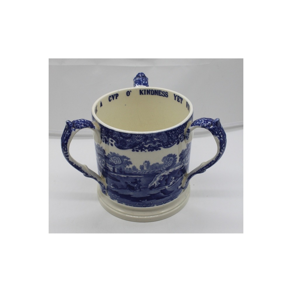 Antique English Pottery Copeland Spode Blue Italian 3 Handle Tyg Loving Cup